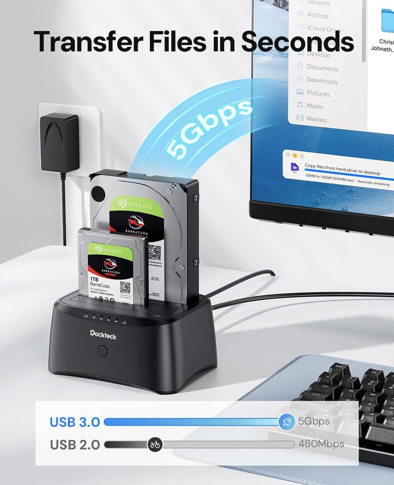 Dockteck Hard Drive Docking Station, USB 3.0 to SATA Dual Bay External Hard Drive Enclosure for 3.5 or 2.5 inch SATA HDD SSD with Offline Clone - Image 3